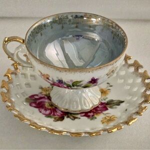 Vintage Lefton China Teacup & Saucer Floral Gold Trim Pedestal Cup Japan